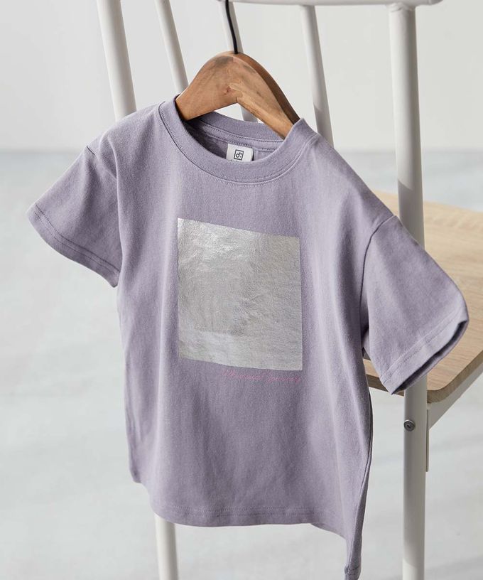 日本 devirock - 100%棉 閃亮金屬印花短袖上衣-銀色方塊-灰紫