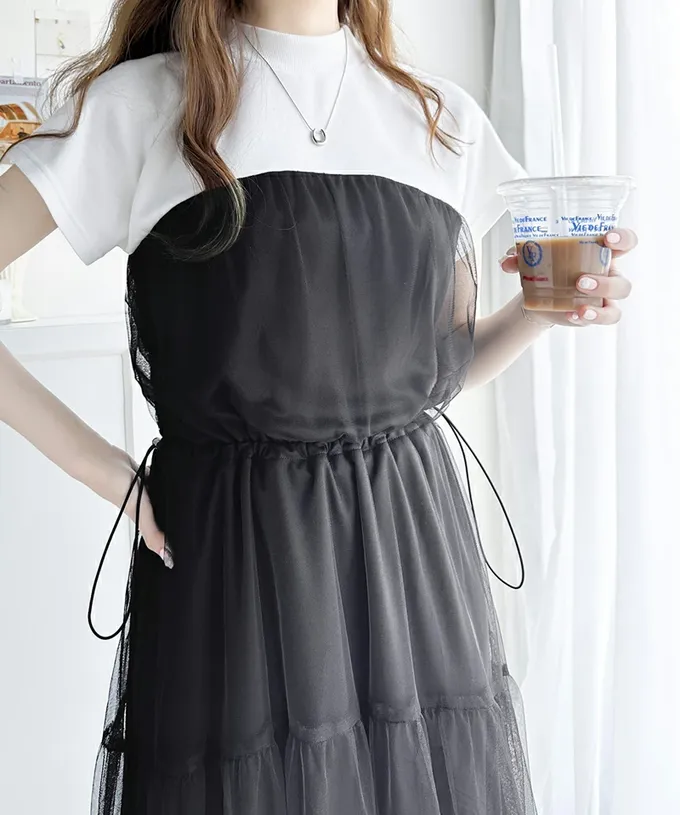 日本 Classical Elf - 顯瘦抽繩薄紗拼接法式袖洋裝-黑系