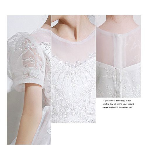 桃心V領公主泡泡五分袖網紗禮服-滿滿亮片-白色