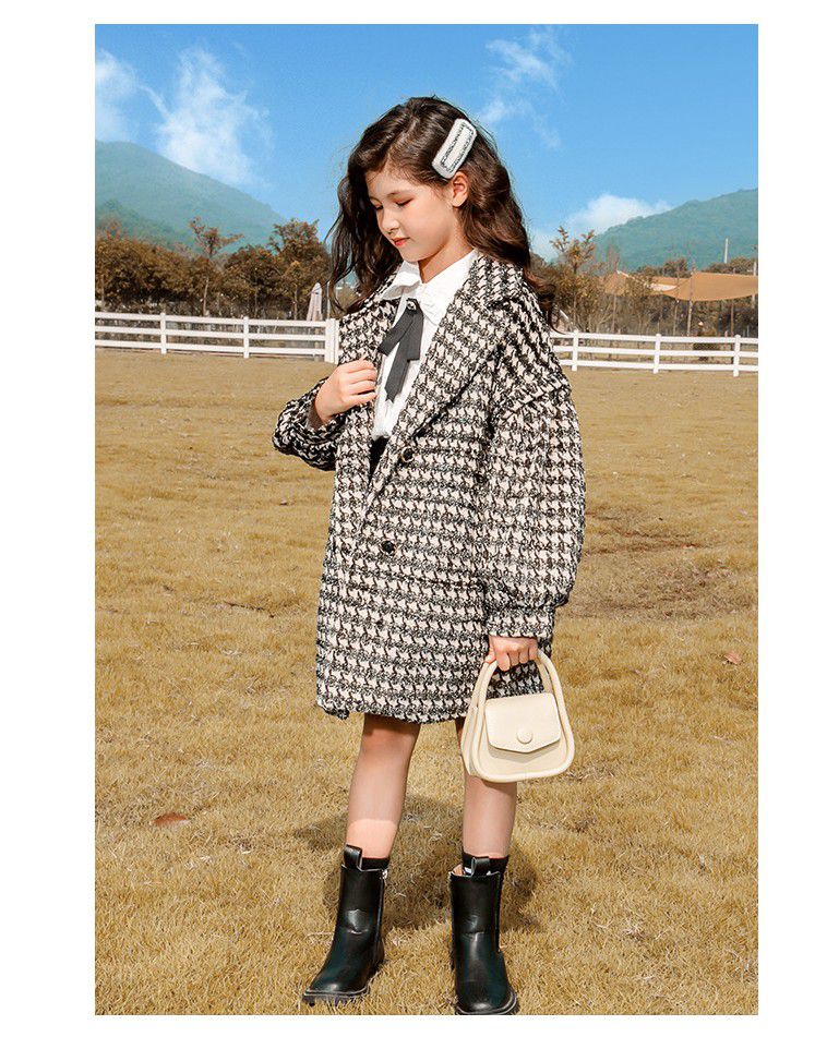 千鳥格紋保暖大衣-紅色