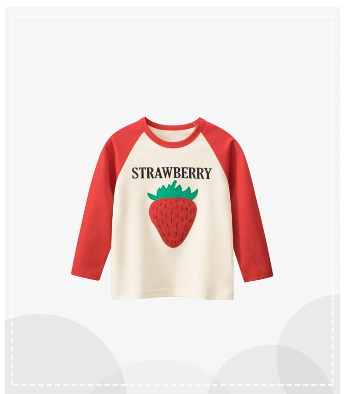 純棉拼色長袖上衣-大大草莓-米白+紅