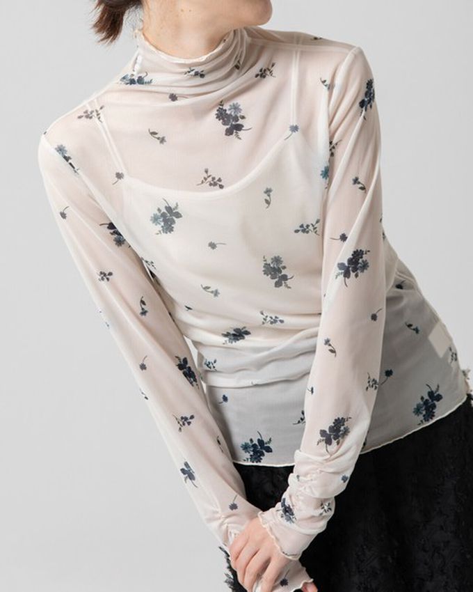 日本 gleam - 優雅小花木耳邊透膚高領長袖上衣-黑x紅花