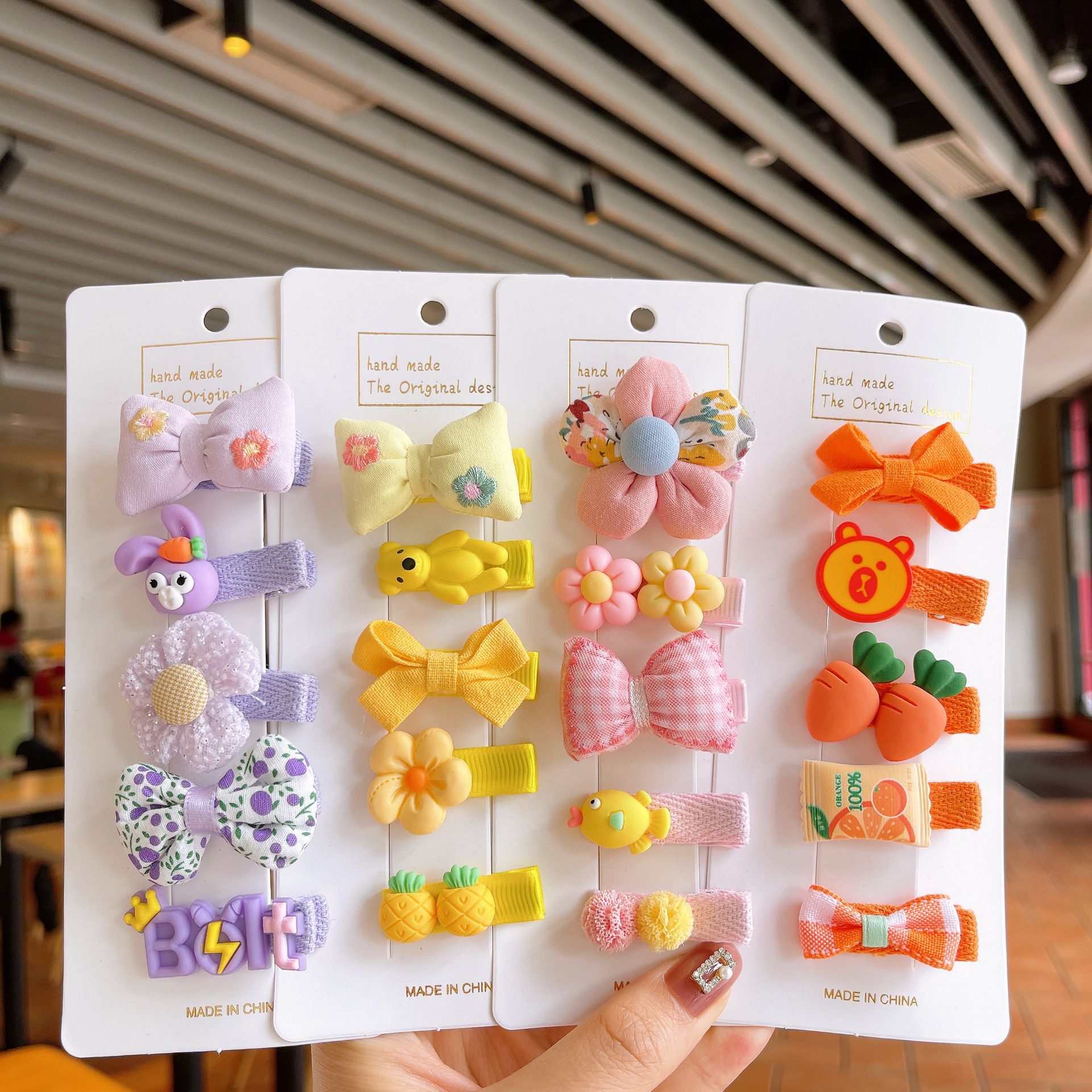 可愛全包布兒童髮夾5入組-花花+蝴蝶結-粉色