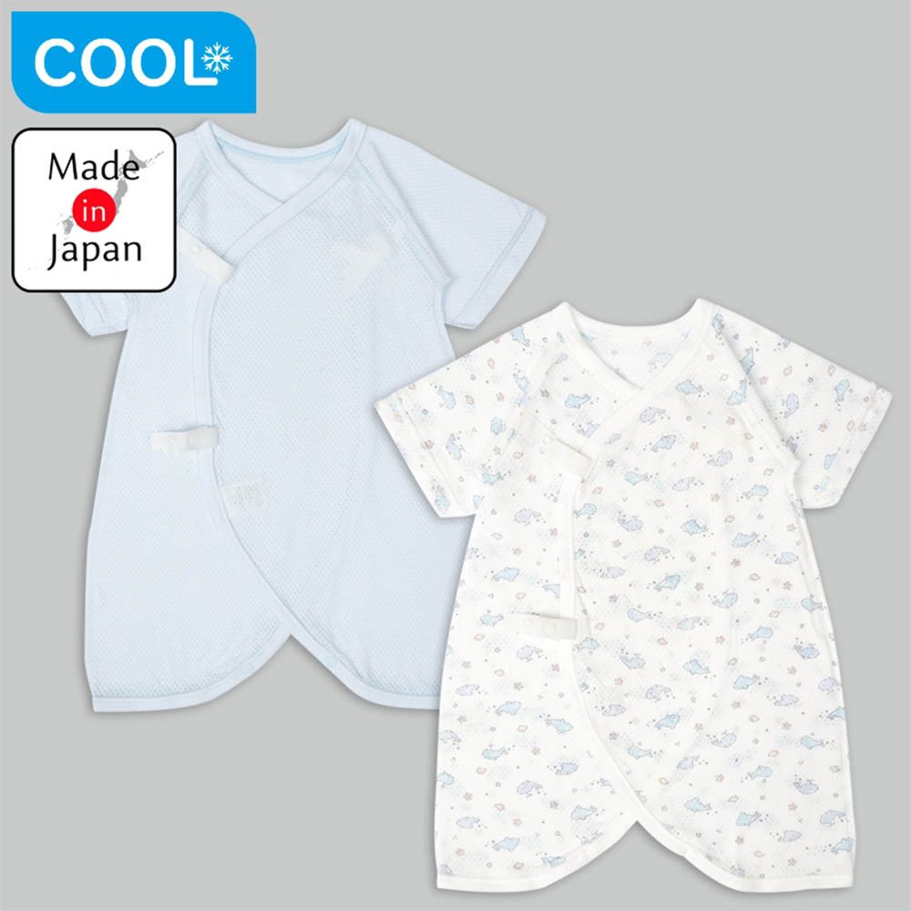 新生兒7分袖網眼蝴蝶裝2件組-鯨魚-淺藍色 (50~60cm)-日本製