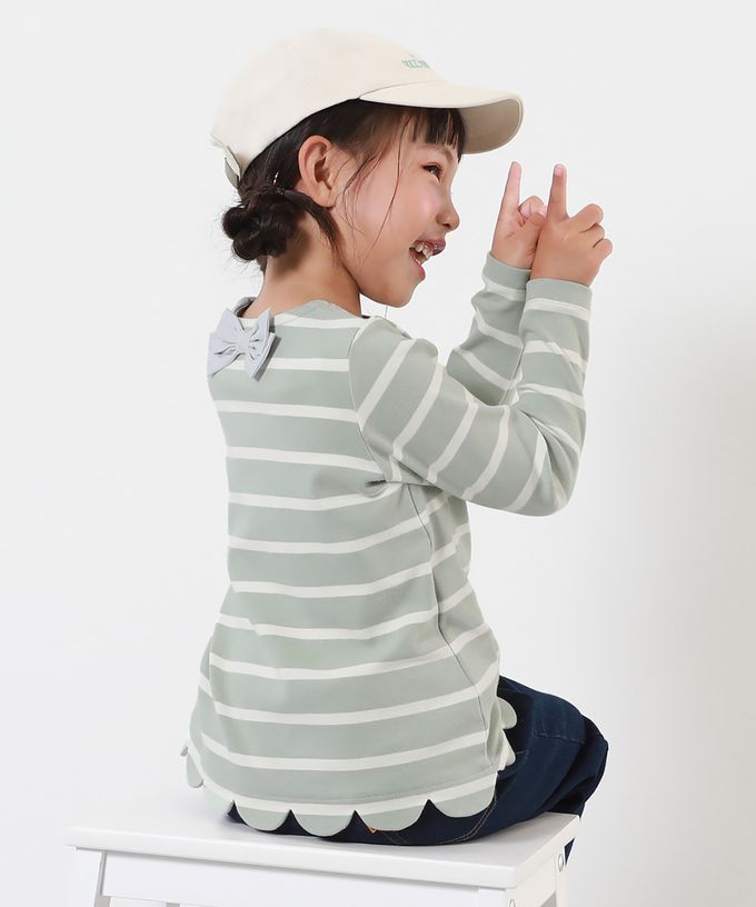 日本 devirock - 可愛扇形蝴蝶結條紋長袖上衣-米白