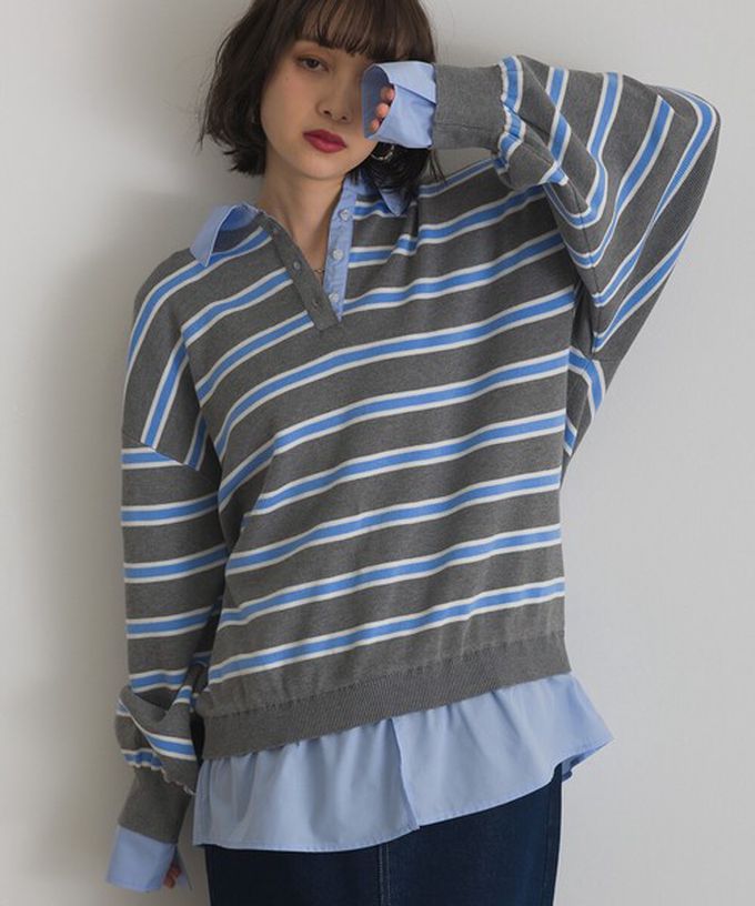 日本 ELENCARE DUE - 假二件襯衫領輕盈落肩長袖上衣-灰x藍