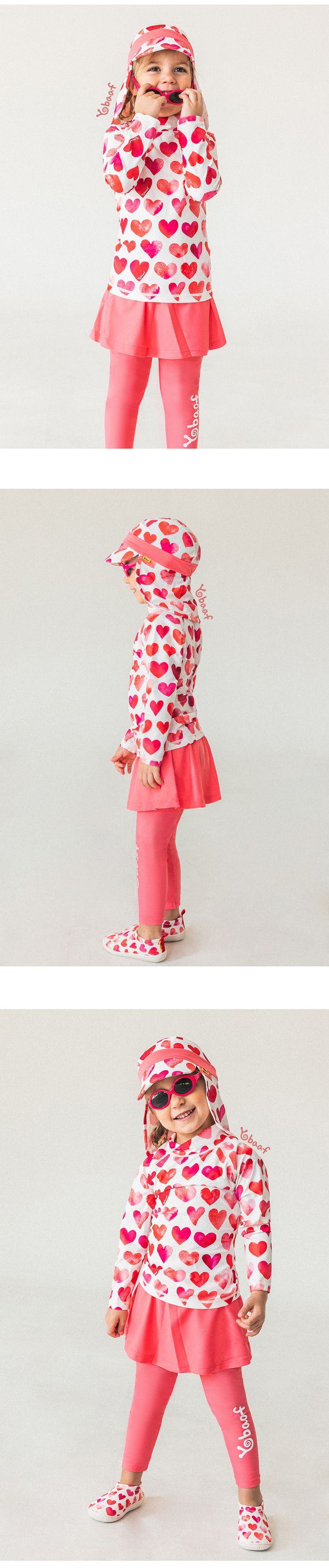 韓國 Yobaaf - UPF50+兒童兩件式防曬泳裝-桃粉愛心