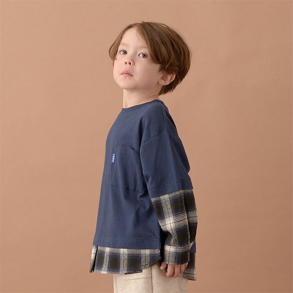 日本 b-ROOM - 假二件寬版大口袋長袖上衣-海軍藍x灰格紋