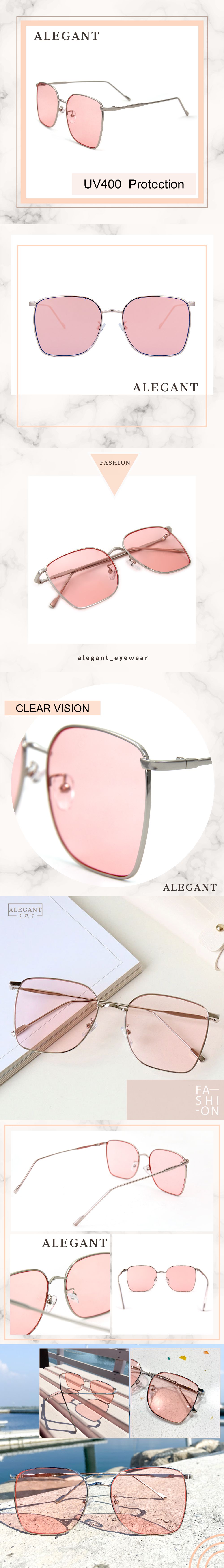 ALEGANT - 時尚格調石英粉幾何線條銀色方框墨鏡│UV400太陽眼鏡