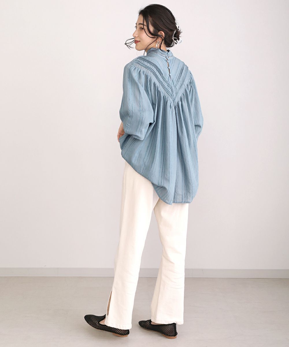 日本 Bou Jeloud - 小高領抓皺寬鬆前後2way長袖上衣-藍