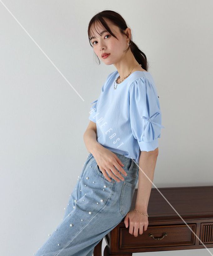 日本 BLUE EAST - 甜美可愛蝴蝶結點綴短袖上衣-條紋-煙燻灰 (M)