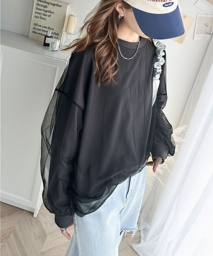 日本 Classical Elf - Java 透膚薄紗層次上衣-背後標籤印花-燕麥灰