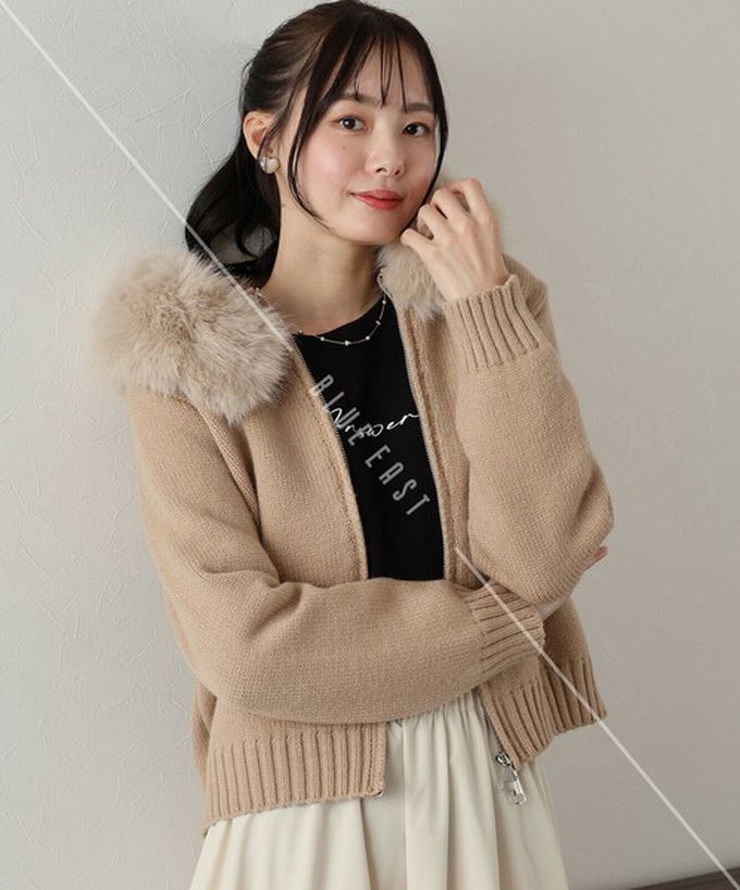 日本 BLUE EAST - 澎澎可愛毛絨帽雙拉鍊針織外套-黑