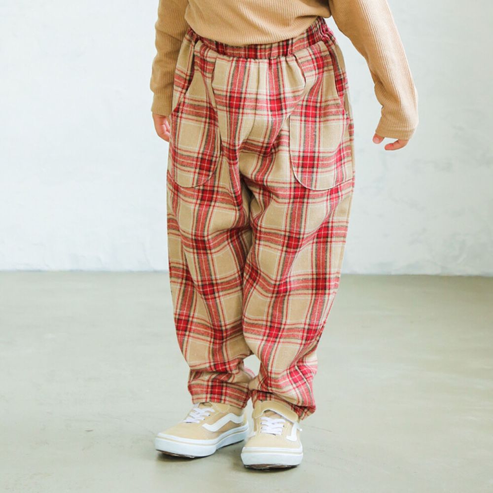 日本 PAIRMANON - 輕薄口袋寬鬆長褲-格紋-紅杏