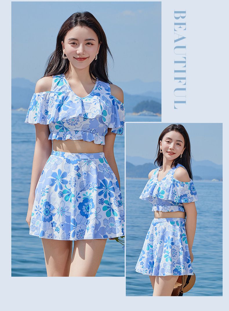 小清新高腰防走光露肩泳衣套裝-滿版花花-藍色