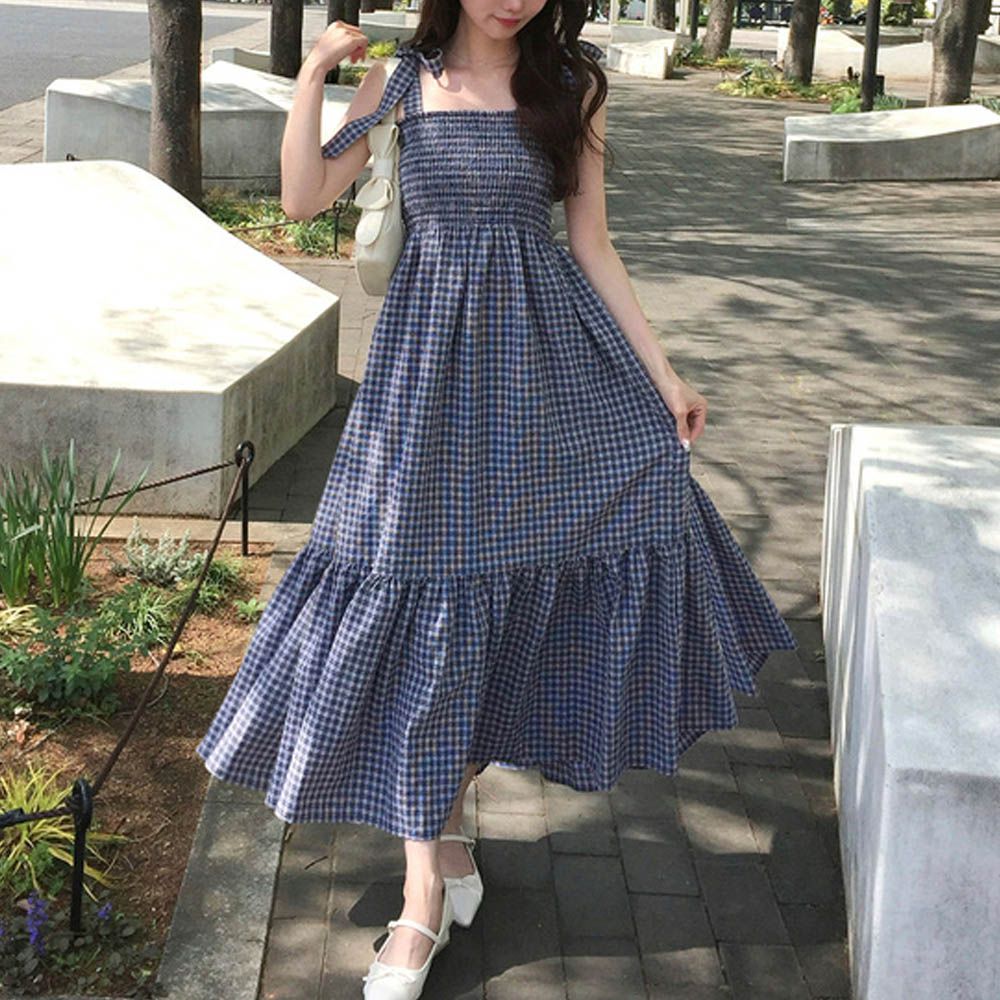 甜心肩蝴蝶結皺摺格紋無袖洋裝(綁帶可拆)-(綁帶可拆)-海軍藍 (F)