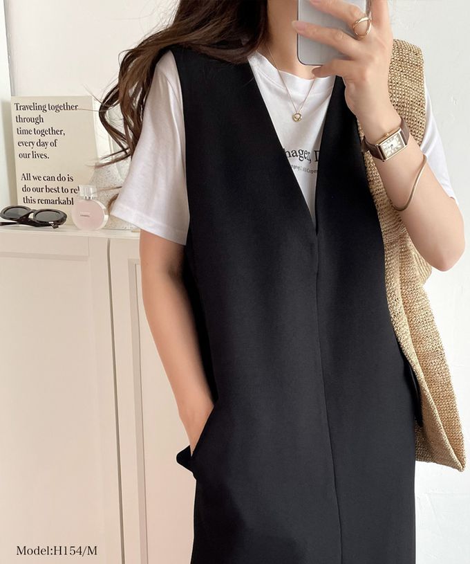 日本 Classical Elf - 簡約深V領氣質線條背心裙-摩卡棕