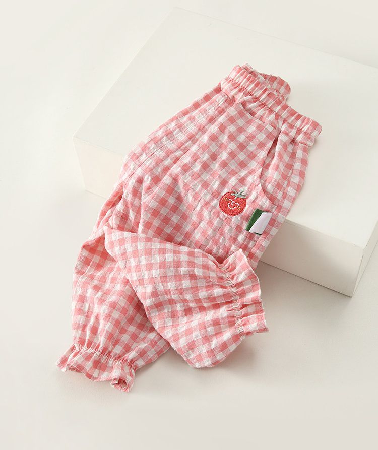 休閒束口長褲-格紋番茄-粉+白