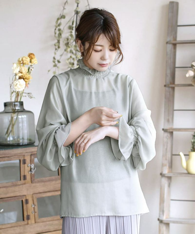 日本 zootie - 質感光澤微透膚雪紡小高領長袖上衣-薄荷