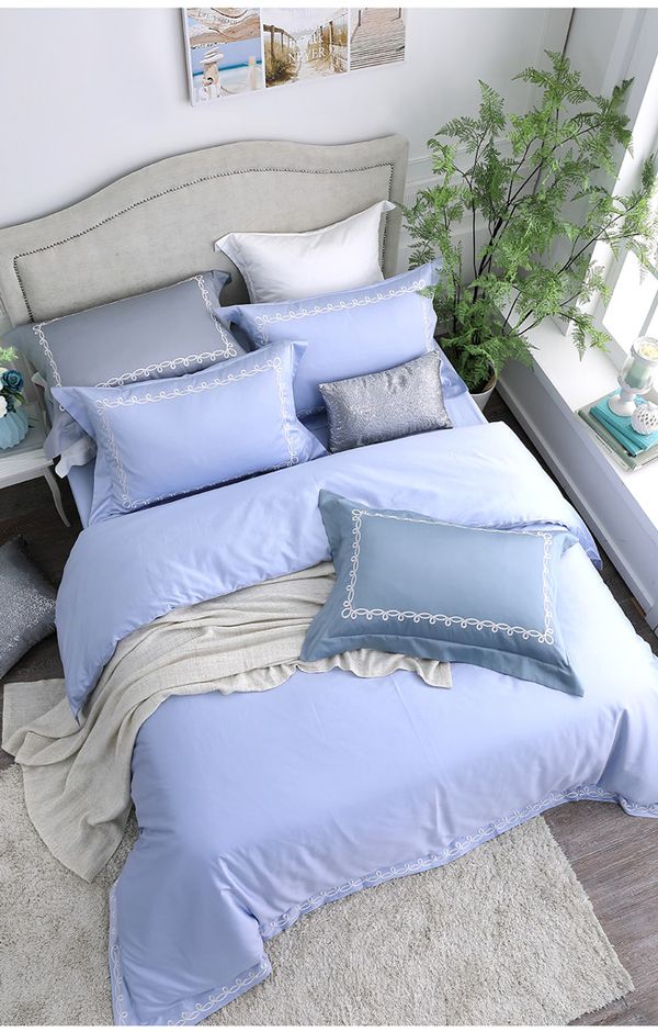 澳洲 Simple Living - 1000織頂級匹馬棉刺繡被套床包組-月光藍-加大