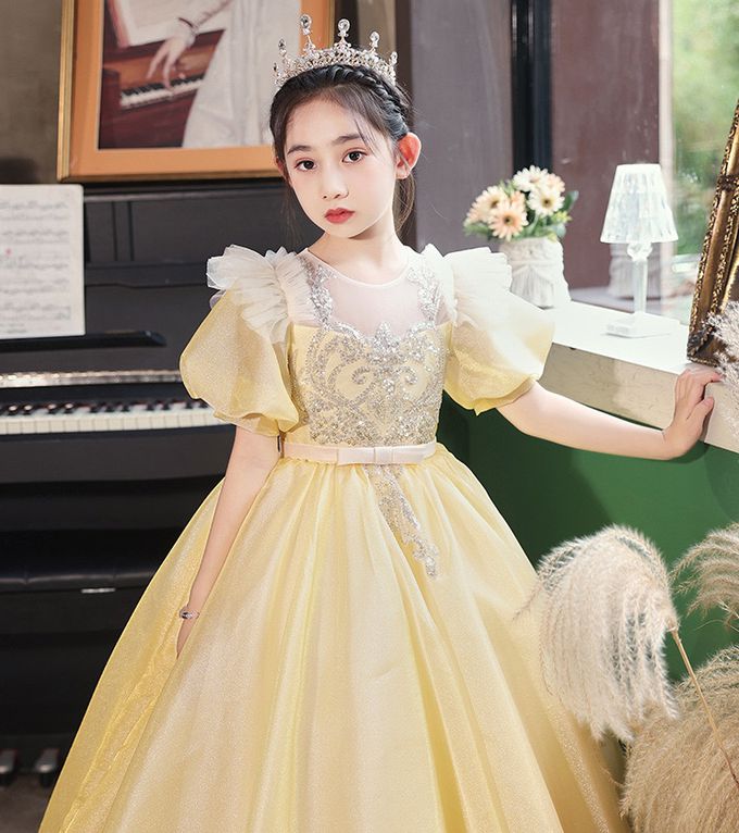 玫瑰故事柔美淺黃亮絲婚紗短袖長禮服 演奏會婚禮花童長禮服