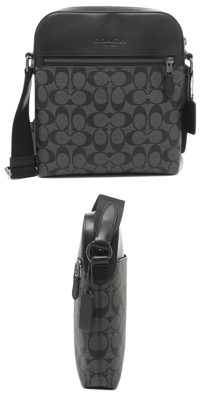 COACH - 滿版LOGO拼接皮革斜背包 (黑灰)