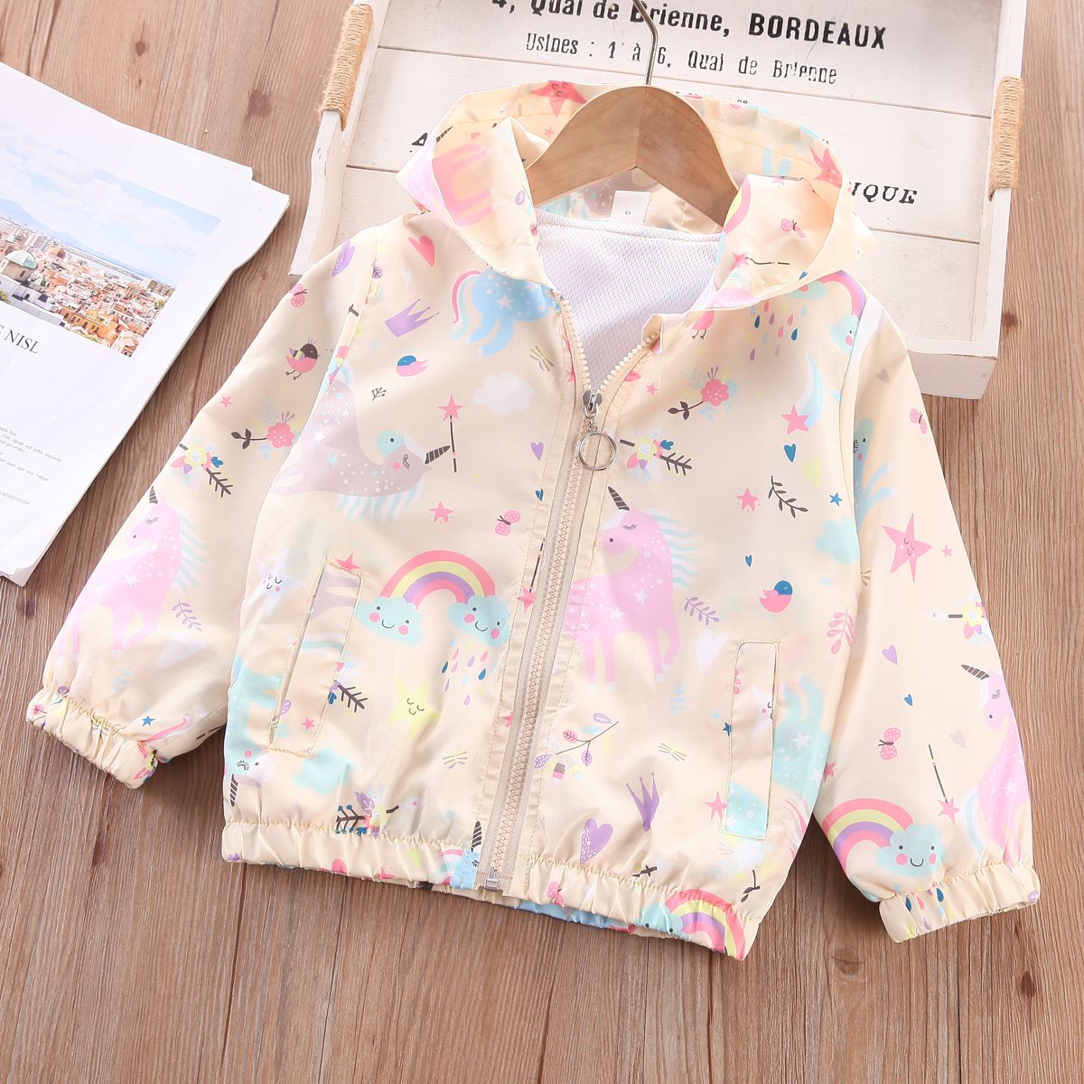 兒童連帽防風外套-星星+彩虹+獨角獸-粉色
