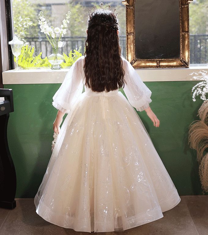 甜美氣質婚紗釘珠領口長袖長禮服 演奏會婚禮花童長禮服