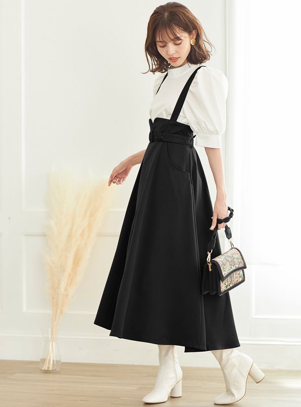 日本 GRL - 甜美修身高腰吊帶裙(附腰帶)-時尚黑