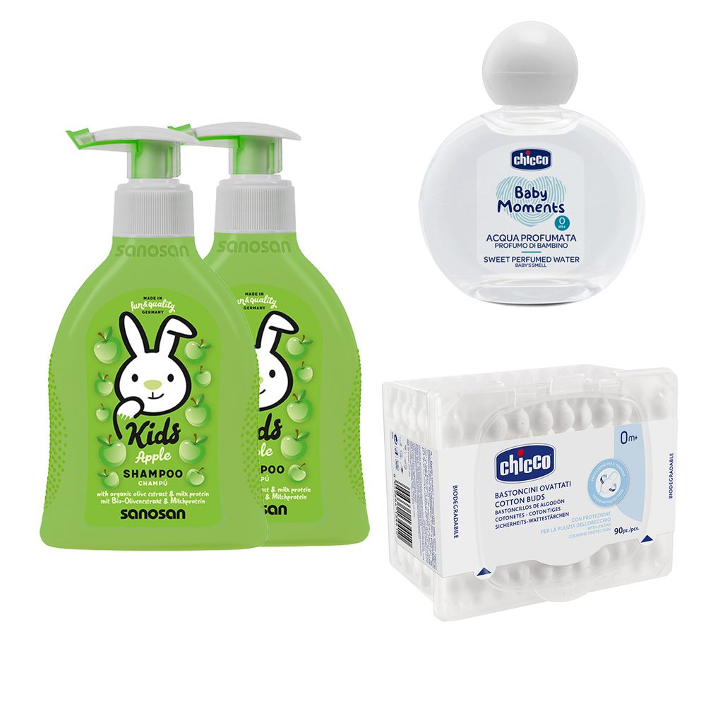 兒童洗髮精x2+Chicco寶貝嬰兒植萃淡雅香水100ml+護耳棉棒-青蘋果香