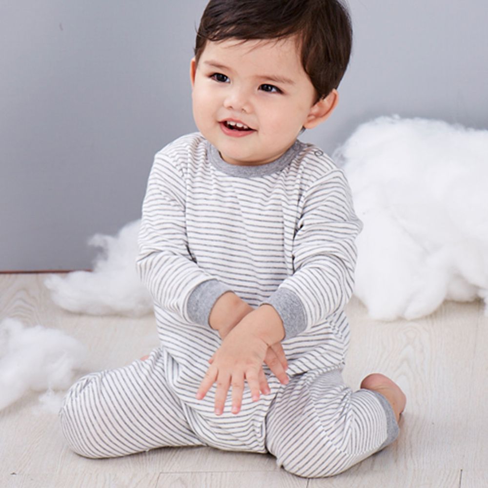 麗嬰房 Little moni - 純棉家居系列條紋長袖連身裝-灰色