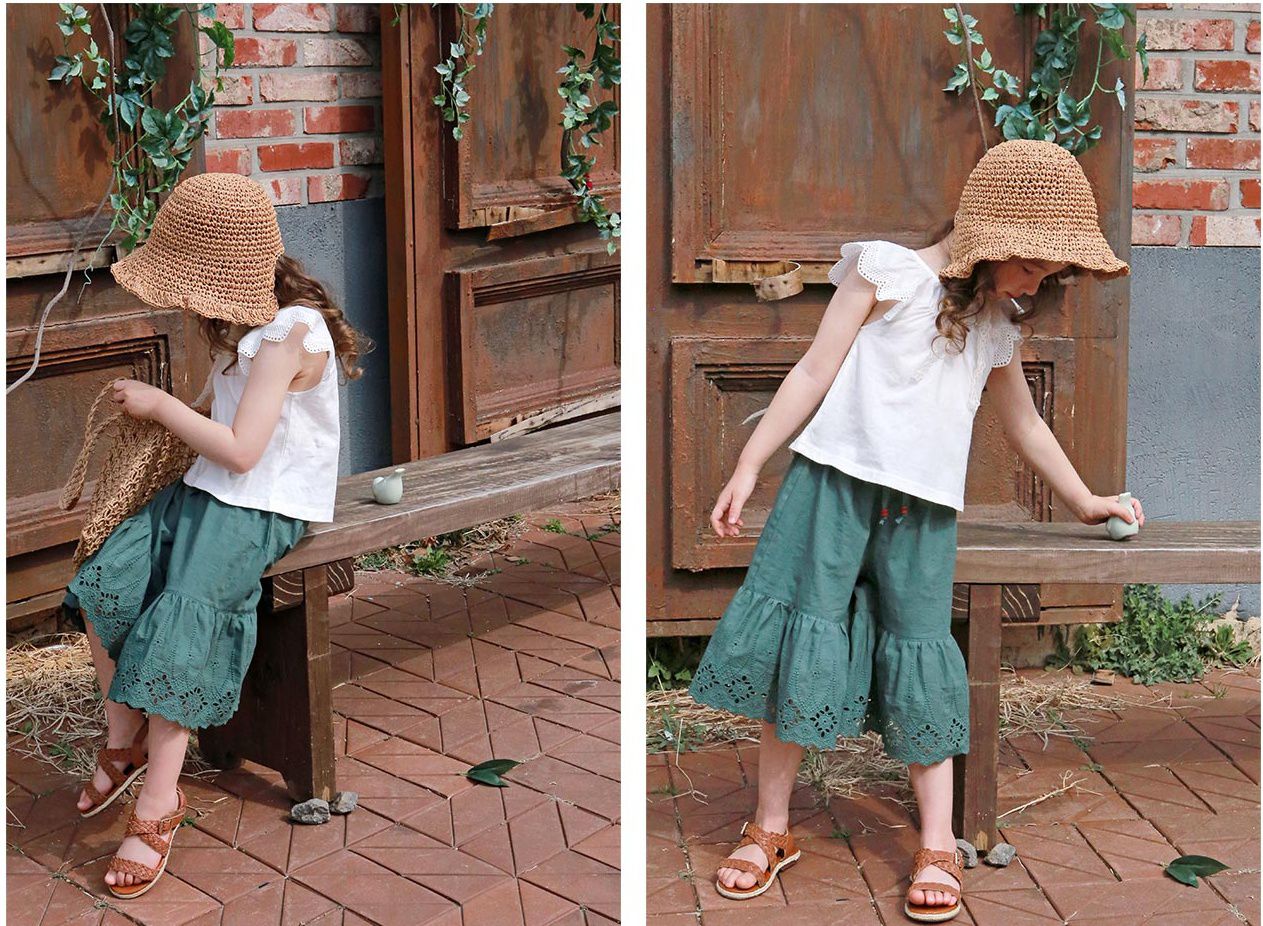 韓國 PuellaFLO - (剩7號)鏤空雕花寬版褲-綠