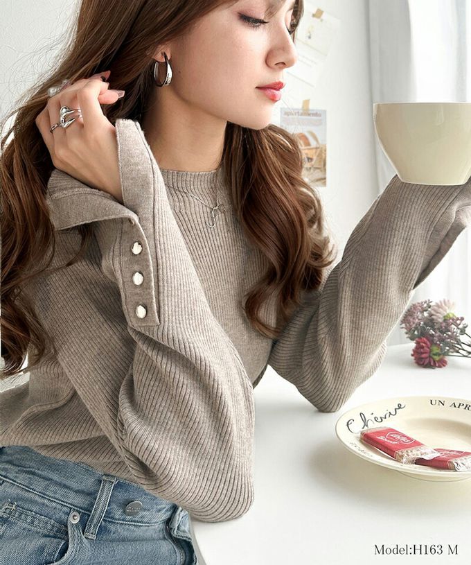 日本 Classical Elf - 時尚金釦修身羅紋長袖上衣-黑