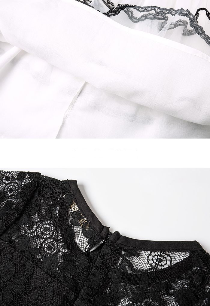 甜美網紗蛋糕裙蕾絲短袖洋裝-蕾絲上衣-黑+白