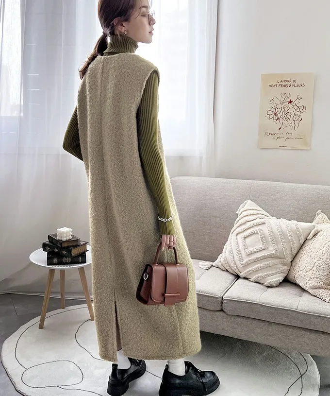 日本 Classical Elf - 毛茸茸修身V領背心裙-灰杏