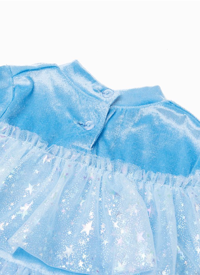 韓國 OZKIZ - (附髮箍)冬日公主星星亮片網紗洋裝-天空藍