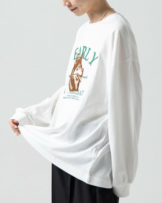 日本 gleam - 相良刺繡哈士奇印花帥氣長袖T恤-白