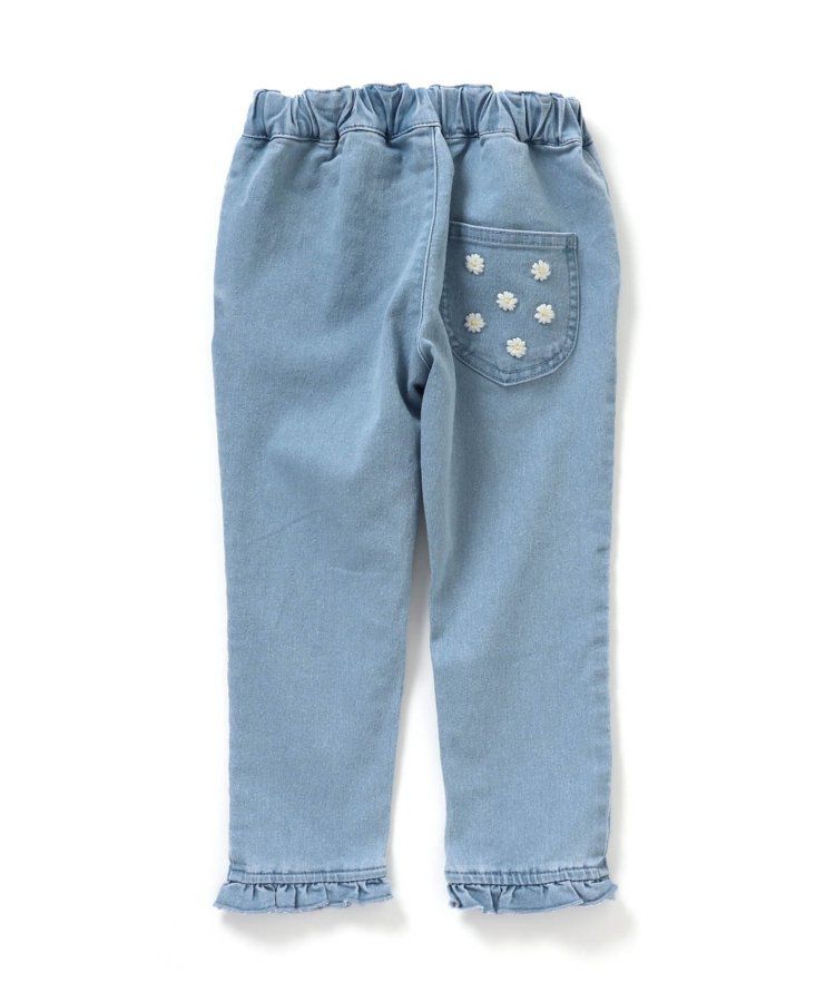 日本 apres les cours - 雛菊刺繡口袋下擺荷葉休閒九分褲-丹寧藍