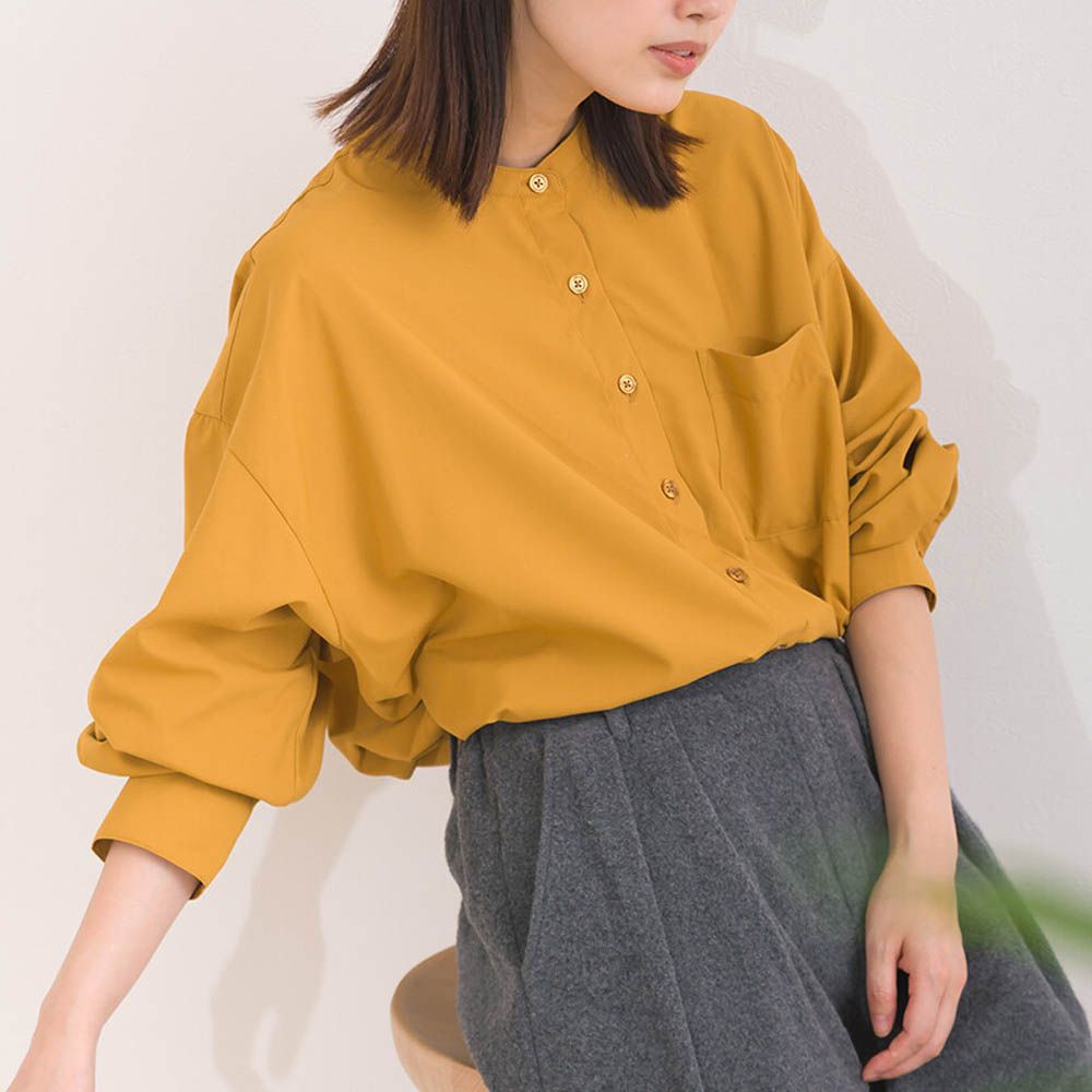 柔滑科技棉 小立領長袖襯衫-芥末黃