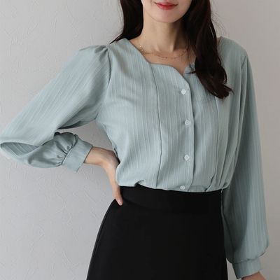 日本 BLUE EAST - 甜美心型領線條紋理長袖襯衫-煙燻藍