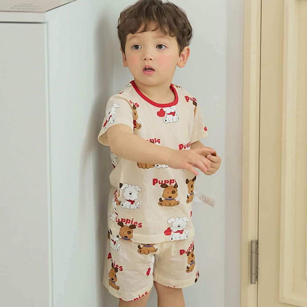 透氣網眼洞洞短袖家居服/睡衣-狗狗好朋友-米黃