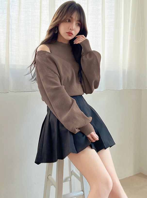日本 GRL - 微立領挖肩針織上衣-深可可