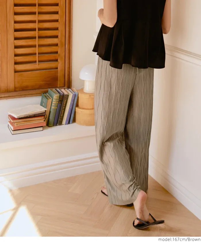 日本 COCA - [可剪裁] 百搭波浪紋垂墜寬褲-草綠