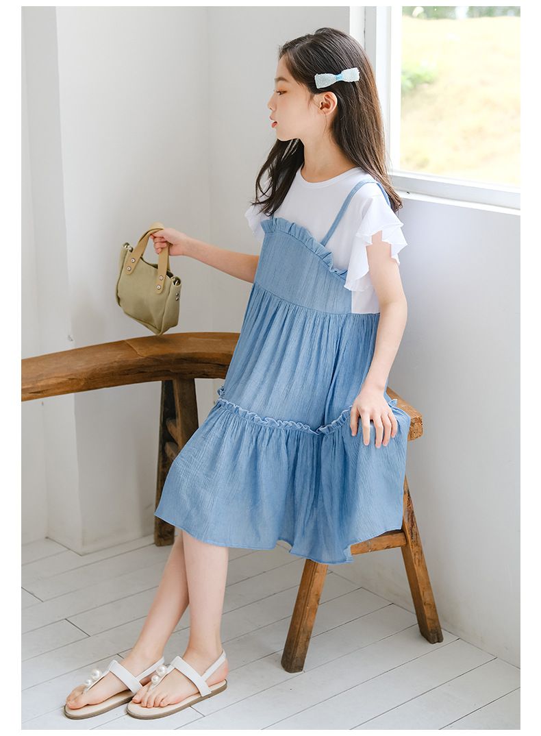 假兩件式拼接蛋糕裙洋裝-藍+白