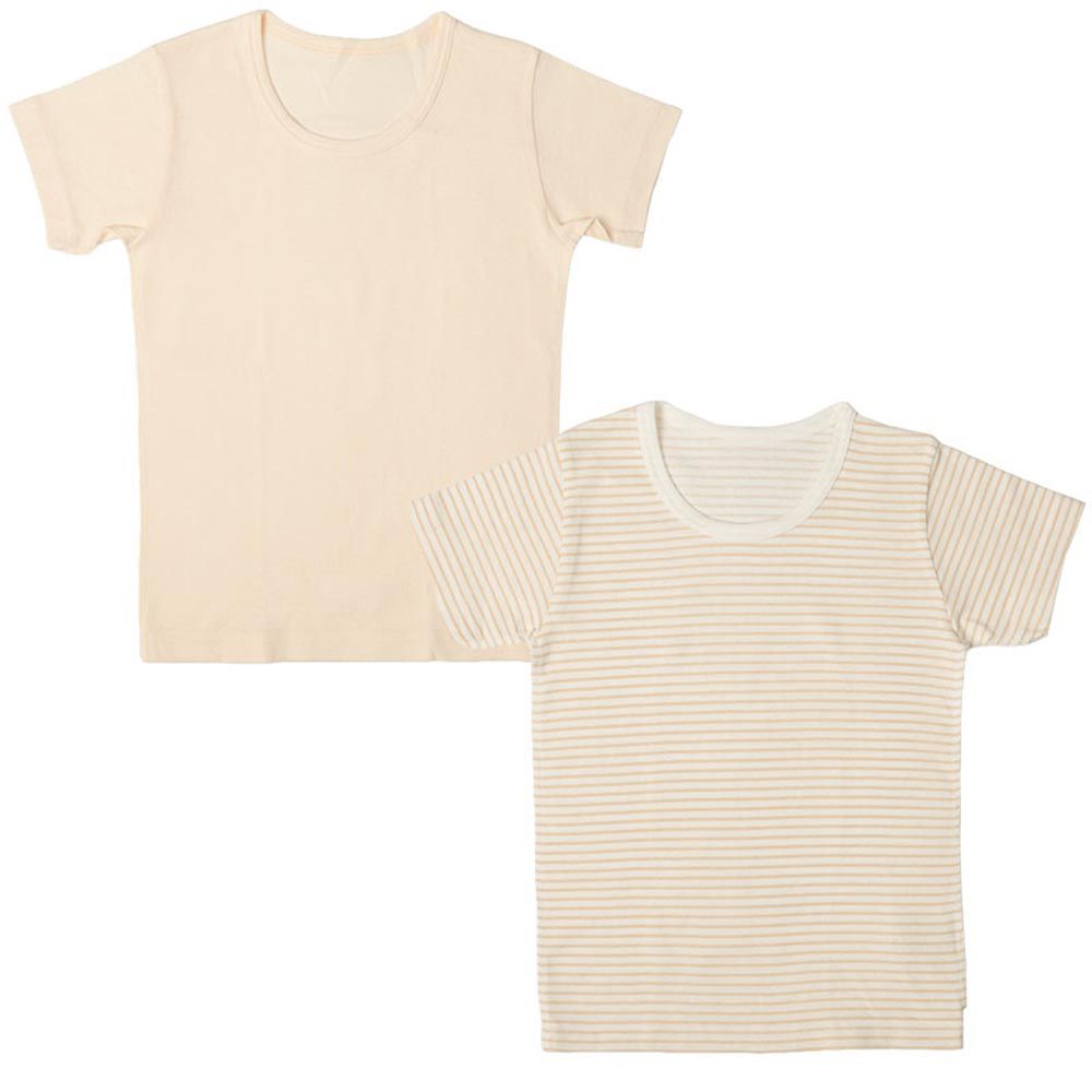 akachan honpo - 短袖圓領上衣2件組-速乾 橫紋-象牙白色
