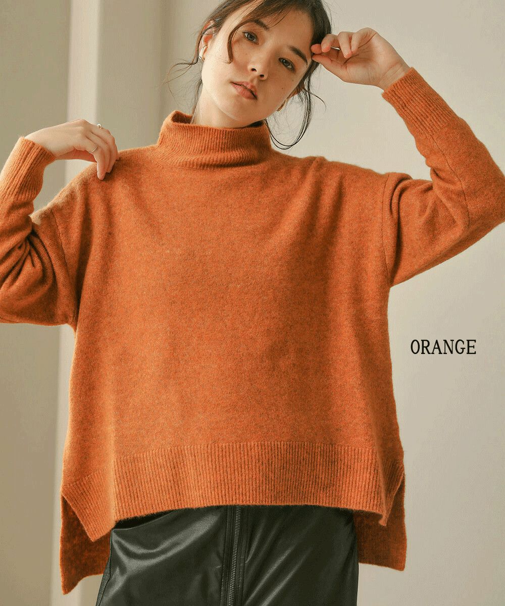 日本 Bou Jeloud - 毛混紡柔軟小高領前短後長修身寬鬆毛衣-淺灰