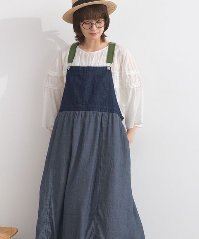 日本 Lupilien - 拼接風抽繩飄逸薄牛仔吊帶洋裝-藍灰系