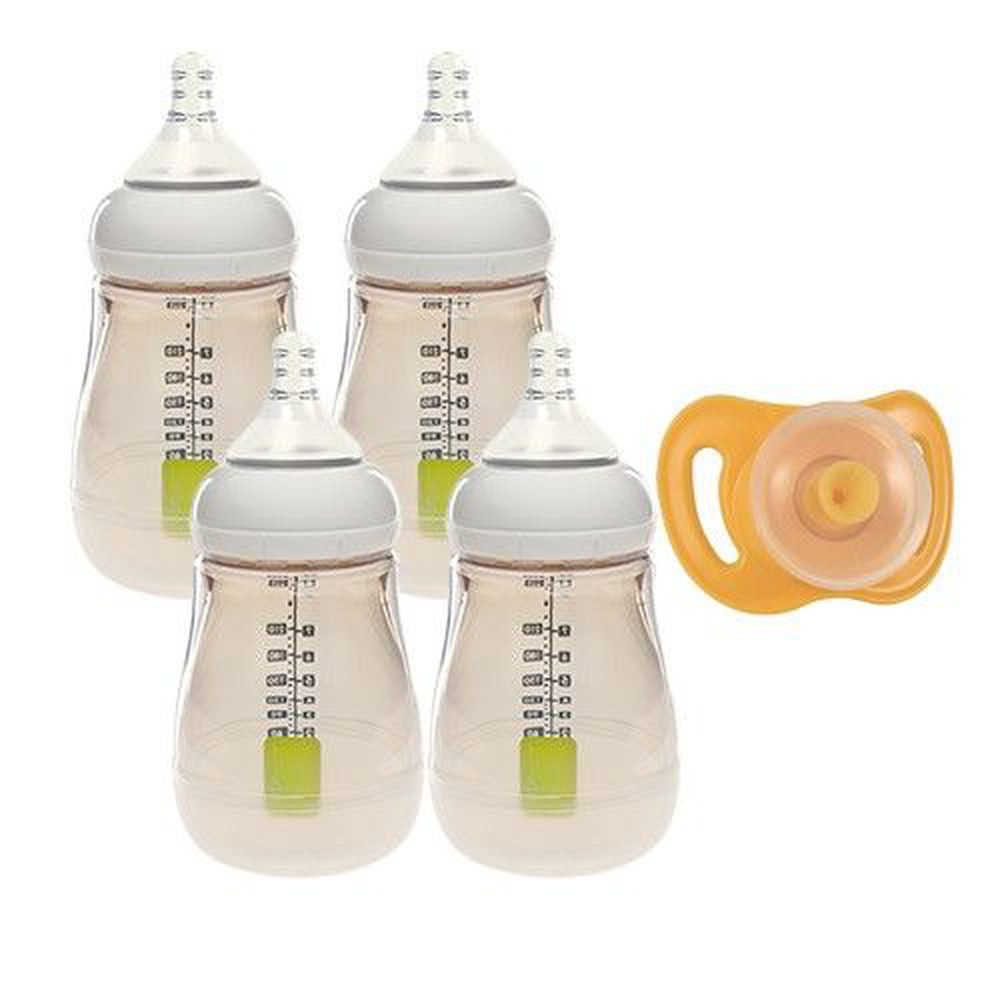 荷蘭 Umee - Utouch Ultra 寬口防脹氣 PPSU 奶瓶-附奶嘴-氣囊安撫奶嘴-拇指型 x 奶瓶組 (2 號中等流速-圓孔 [3個月起])-260mLx4+氣囊安撫奶嘴-拇指型-黃色 [6個月以上]x1