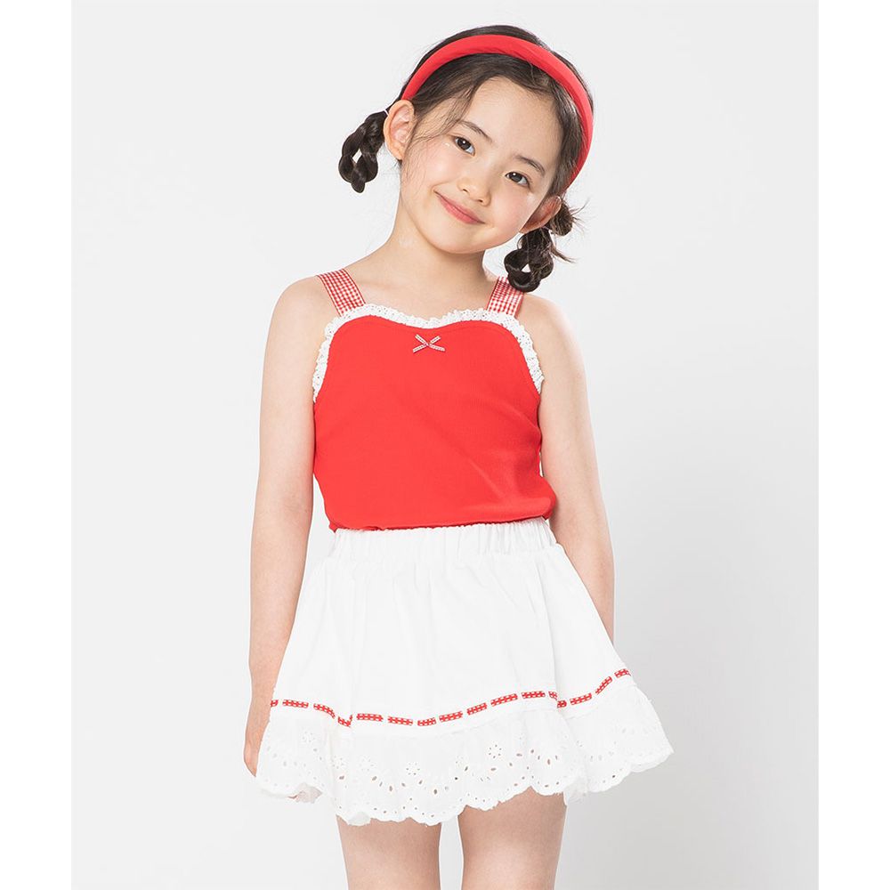 活力格紋肩帶背心X鏤空裙套裝-紅X白