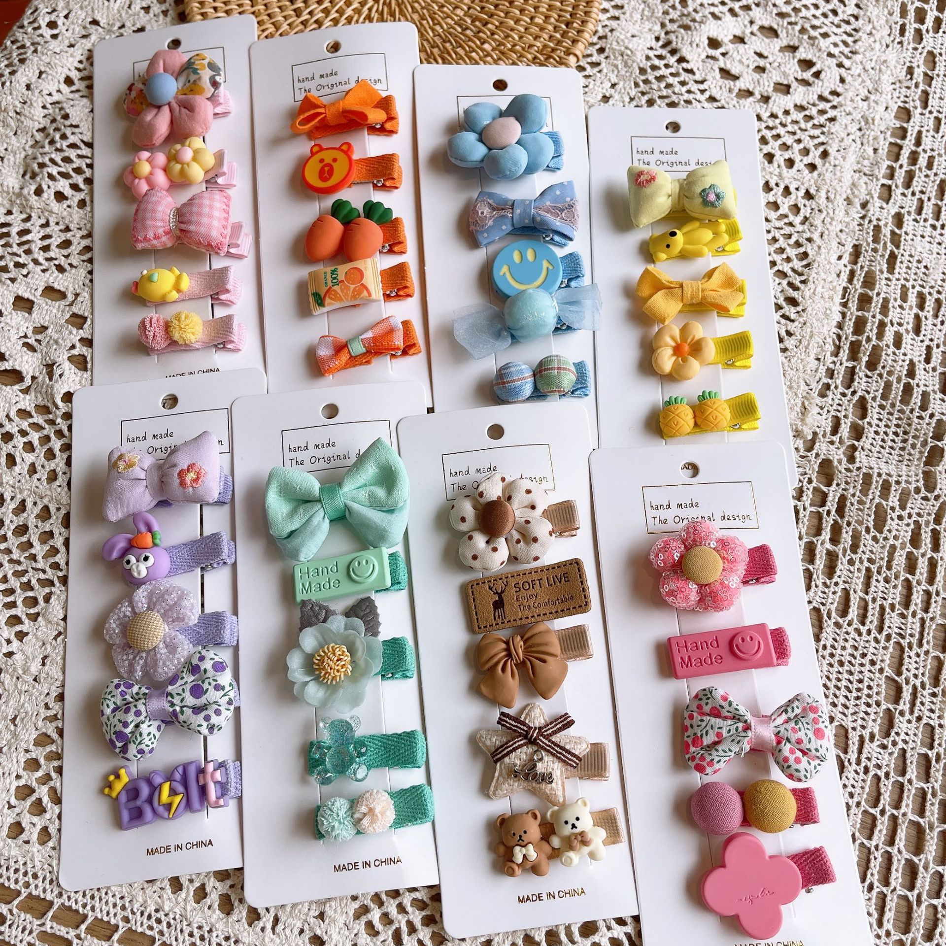 可愛全包布兒童髮夾5入組-花花+蝴蝶結-粉色